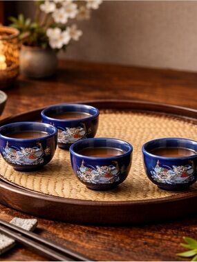 Vintage Japanese Cobalt Blue Porcelain Cups with Peacock Motif